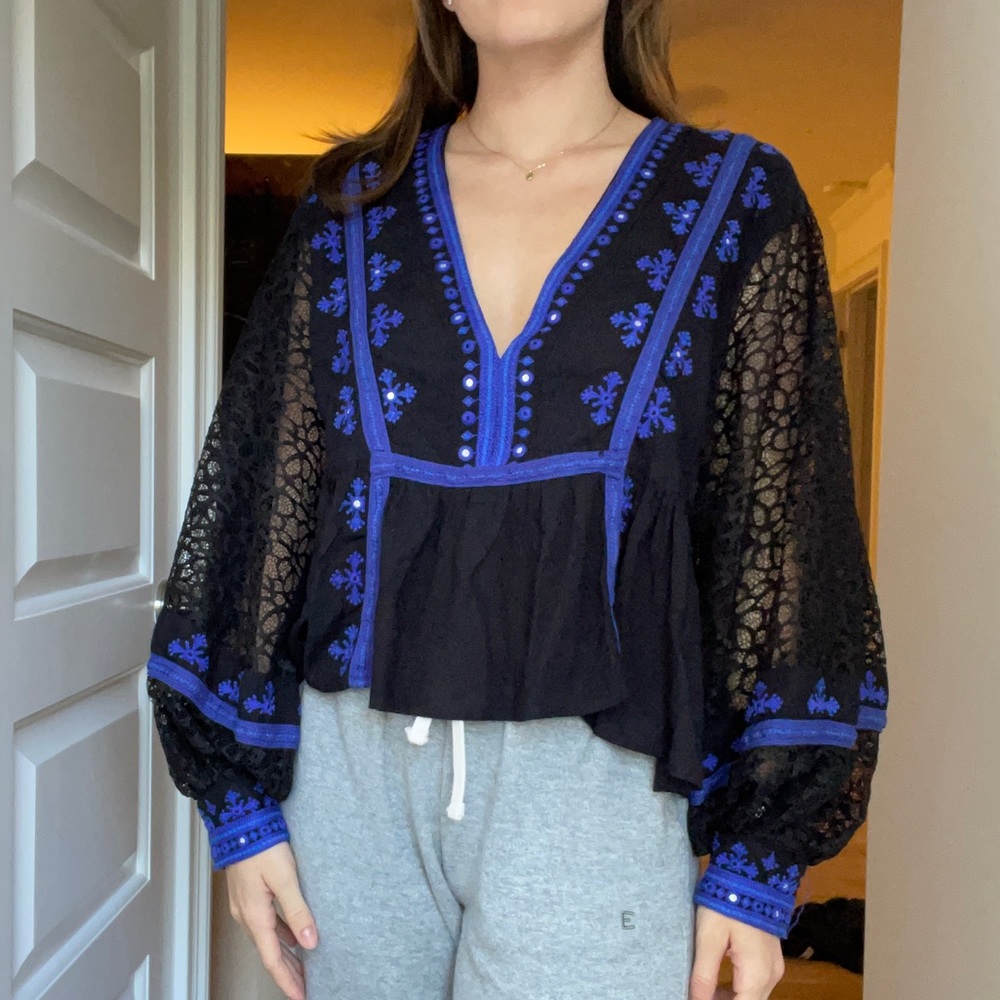 Free People Lace Sleeve Top
